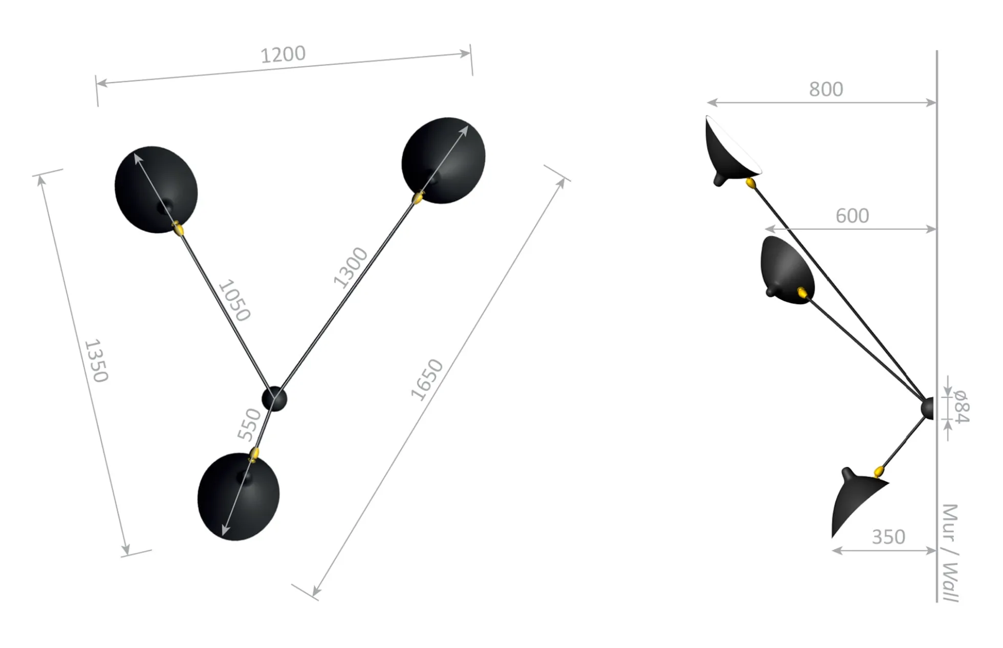 Wall Lamp with Three Fixed Arms